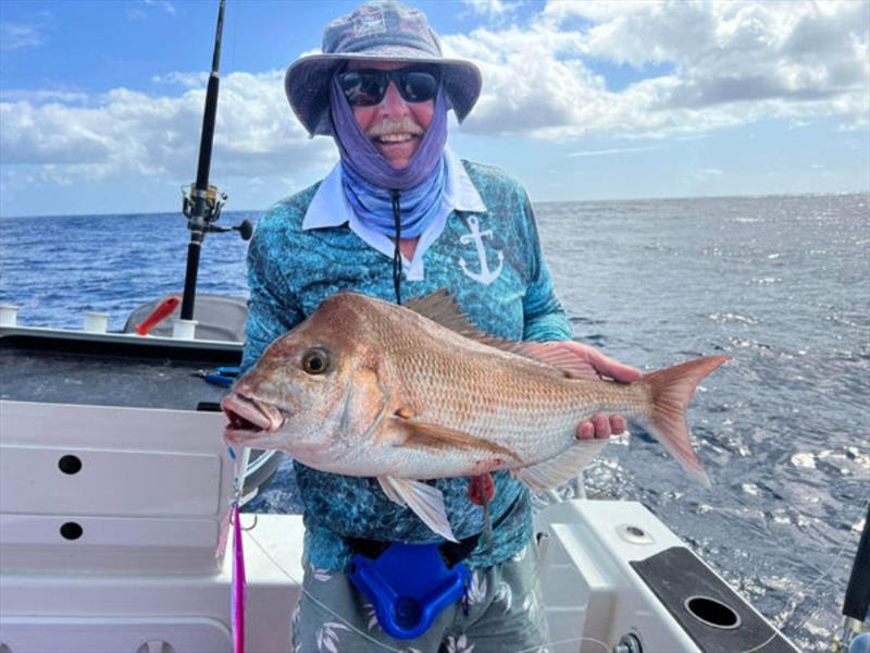 Al jigged up this beaut snapper recently. When they depart the bay, they head for the shelf and deeper water. Jigging is a great option in high current - photo © Fisho's Tackle World