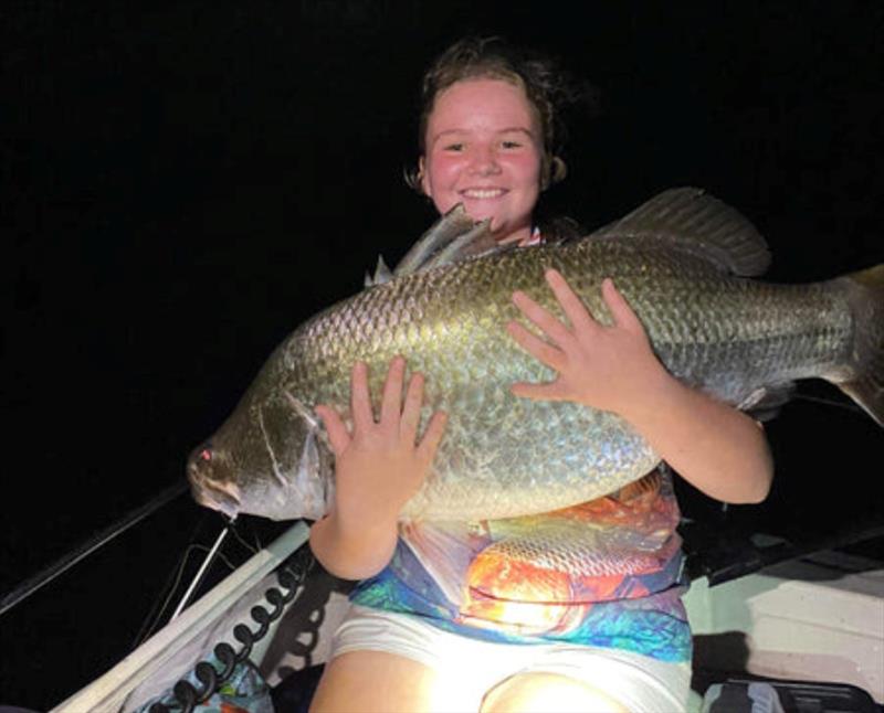 Alecia was stoked to catch this ripper impoundment barra during a recent evening session - photo © Fisho's Tackle World