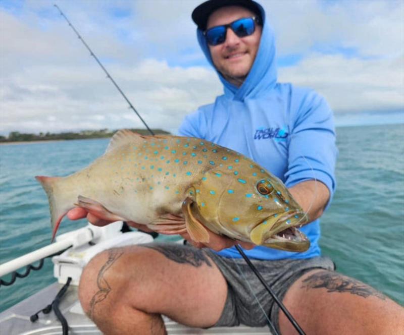 Staff member, Jacko, with a nice bar-cheeked trout from the close inshore shallows - photo © Fisho's Tackle World