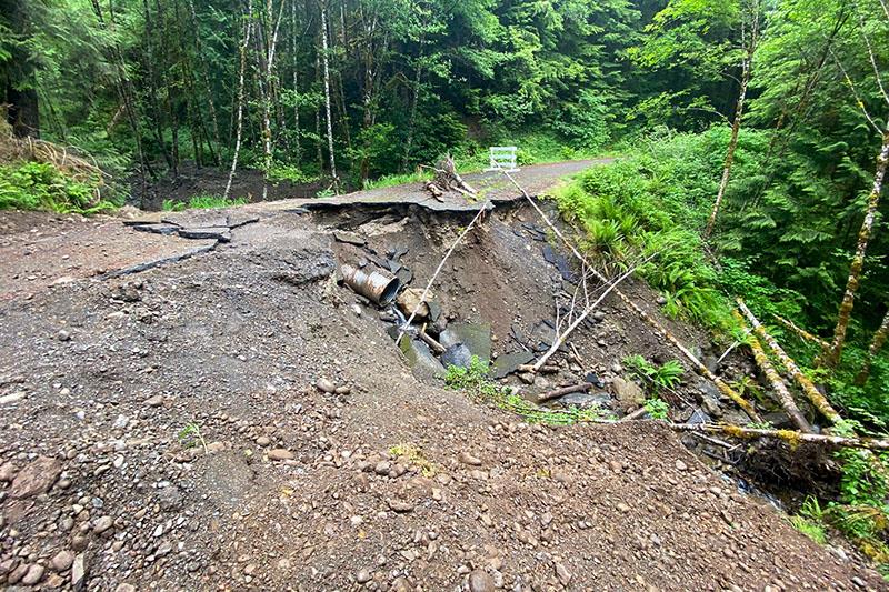 Storm water washout on Olympic National Forest Road 29 caused by an undersized culvert - photo © Luke Kelly / Trout Unlimited
