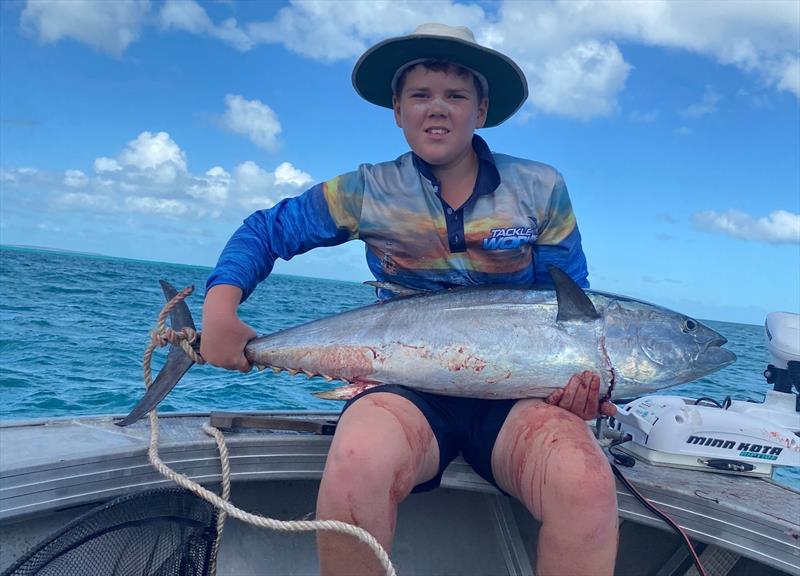 Cooper had his hands full landing this 123cm 20kg longtail near Fraser Island this week. Expect a lot of big LTT in the bay over coming months - photo © Fisho's Tackle World