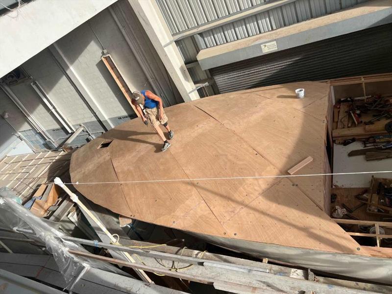 Hull #10 - Foredeck planking - photo © Michael Rybovich & Sons