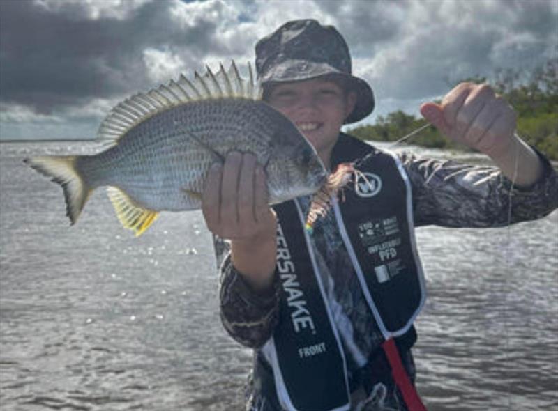 Yellowfin bream are on the move out of our estuaries. This one snatched a Chasebaits flick prawn meant for larger quarry - photo © Fisho's Tackle World