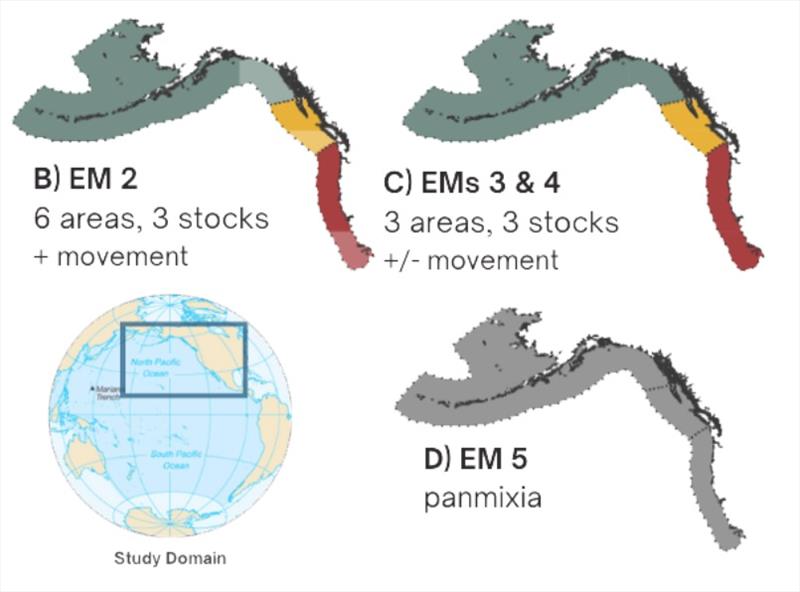 Spatial structures of 3 estimation methods evaluated. B) 6 spatial areas with movement among them, 3 stocks in model coincide with management regions. C) 3 spatial areas, with or without movement among them, 3 stocks in EM coincide with management regions photo copyright NOAA Fisheries taken at  and featuring the Fishing boat class