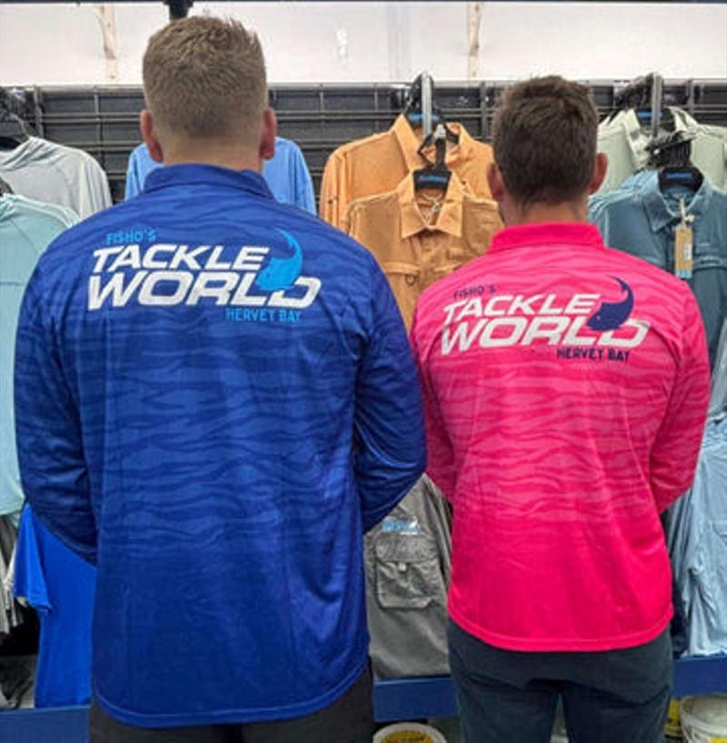 Fisho's new sublimated shirts have just arrived. No doubt the ladies will look better in the pink ones than our in-house model, Jacko - photo © Fisho's Tackle World
