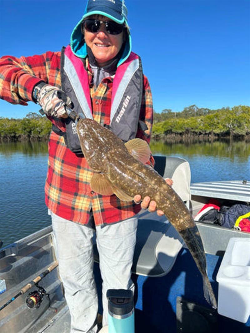 Erica Newton was justifiably proud of this beaut flathead - photo © Fisho's Tackle World