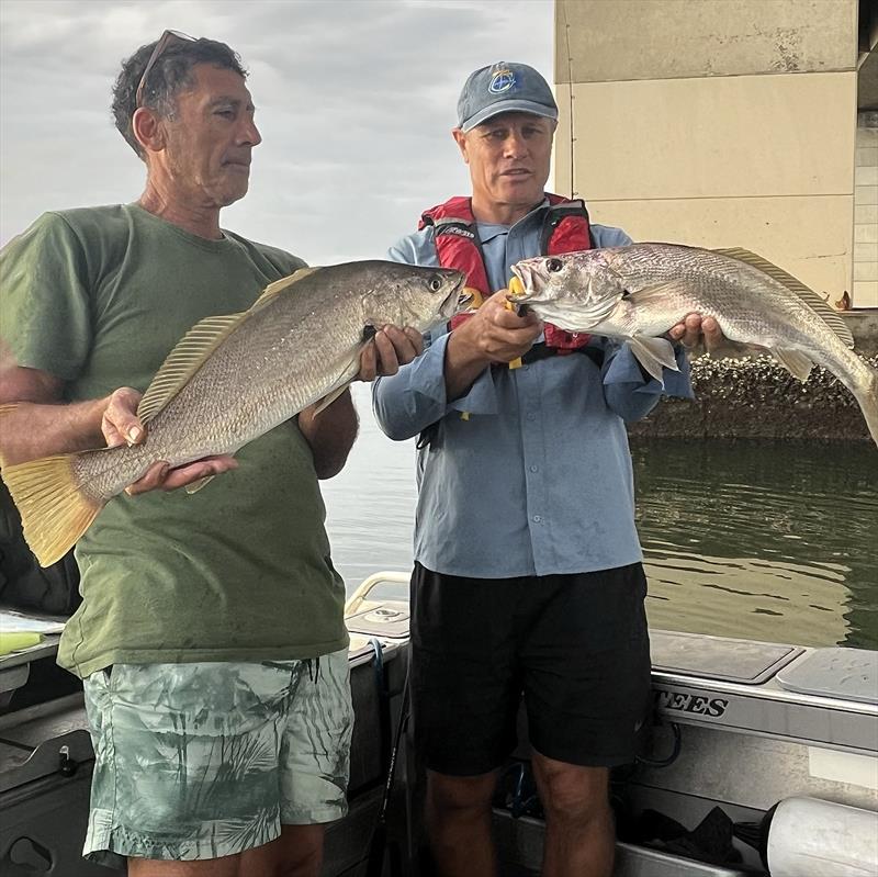 My mate Paul and I chasing Mulloway underneath the Captain Cook Bridge. Some good pylons holding lots of small baitfish - photo © Andrew Ettingshausen