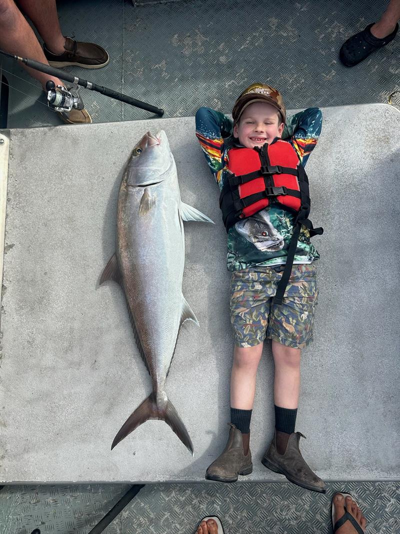 When is the last time you caught a fish nearly as big as yourself. Ripper amberjack young fella photo copyright Fisho's Tackle World Hervey Bay taken at  and featuring the Fishing boat class