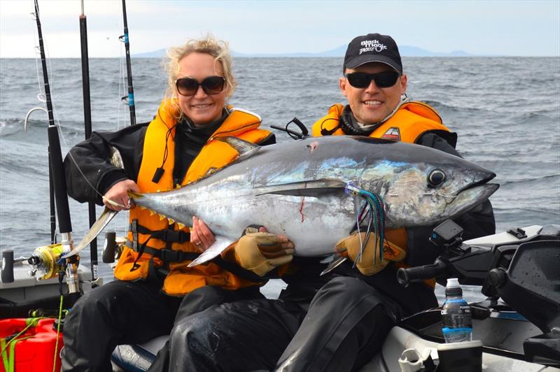 Wesley from Jetski Fishing Tasmania with a big school bluefin tuna taken on the new Black Magic Tackle Jonahs Kona XT 6inch in Inky Squid, while fishing down at Eaglehawk Neck - photo © Spot On Fishing Hobart