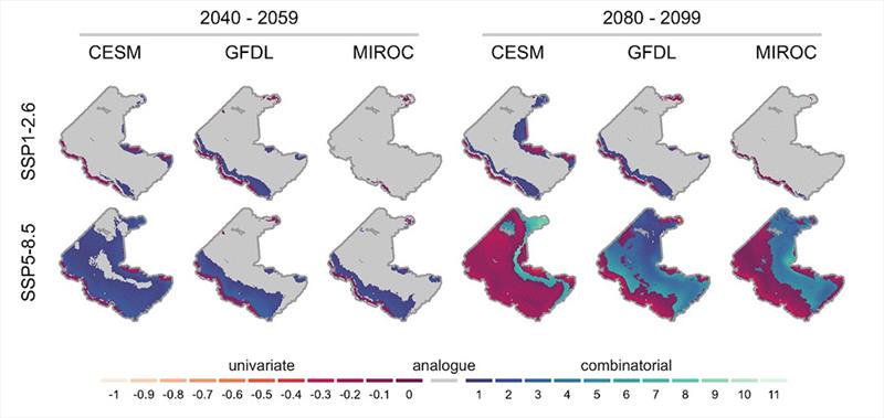 Maps of two metrics of environmental novelty in the Bering Sea survey region for average temperature, pH, and oxygen conditions during 2040-2059 and 2080-2099, under each climate scenario (SSP 1-2.6 & SSP 5-8.5) and ESM (CESM, GFDL, & MIROC) photo copyright NOAA Fisheries taken at  and featuring the Fishing boat class