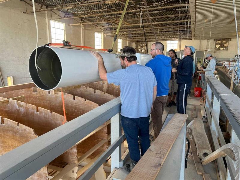 Hull #11 - Hoisting muffler - photo © Michael Rybovich & Sons