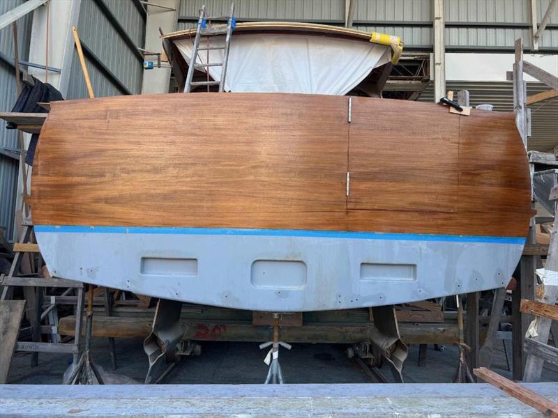 Hull #10 - Teak transom in sealer - photo © Michael Rybovich & Sons