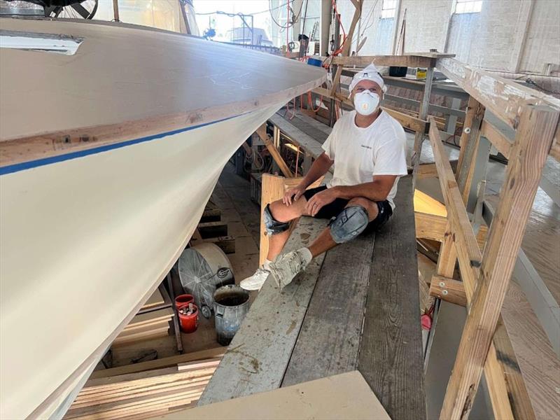 Hull #11 - Bernard prepping guards - photo © Michael Rybovich & Sons