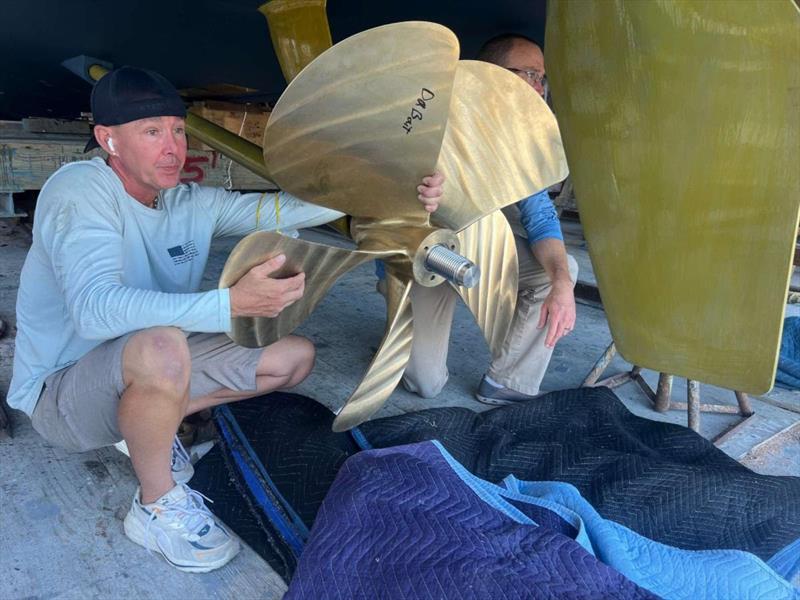 Hull #9 - Craig and Dusty on the propeller install - photo © Michael Rybovich & Sons