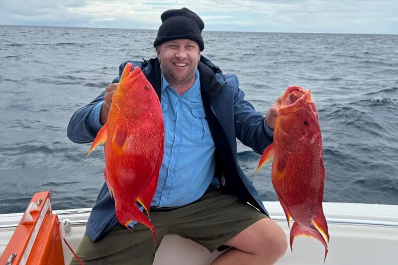 Where you find one, you find more. Luke with a brace of coro's from an offshore trip this week - photo © Fisho's Tackle World Hervey Bay