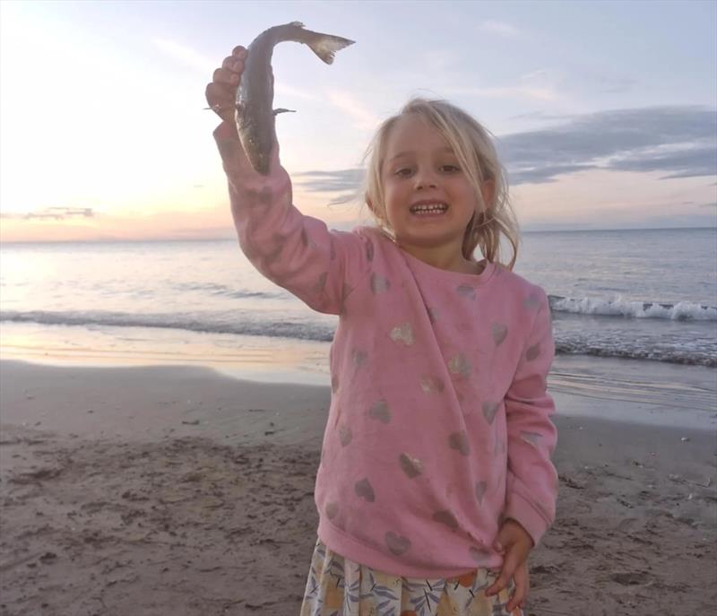 Ariah enjoyed a little beach fishing and scored this fine whiting. You can have a ball chasing sand whiting with the kids in coming months - photo © Fisho's Tackle World Hervey Bay
