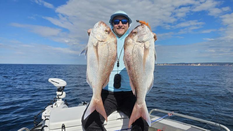 Jacko and a double of DI snapper caught on Daiwa's Baitjunkie 5in Prawn in yabbie colour - photo © Fisho's Tackle World Hervey Bay