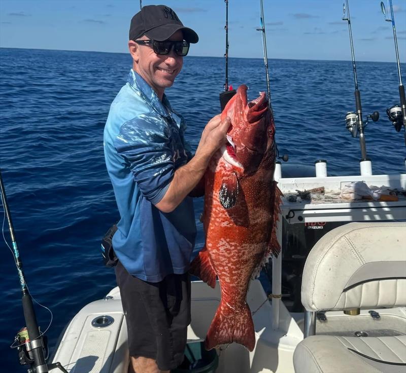 Jordan had his hands full getting this beaut dino trout away from the bottom east of Breaksea Spit - photo © Fisho's Tackle World Hervey Bay
