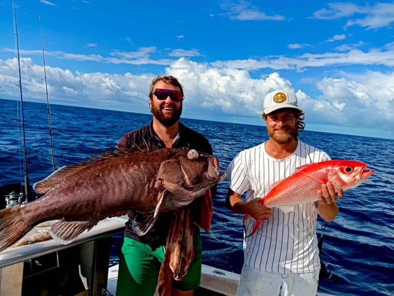 Riley and mate with the spoils of a drop to the depths over the shelf a week ago photo copyright Fisho's Tackle World Hervey Bay taken at  and featuring the Fishing boat class