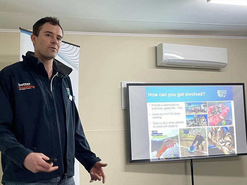 VFA recreational fisheries manager Taylor Hunt presenting at a rec fishing forum photo copyright Victorian Fisheries Authority taken at  and featuring the Fishing boat class