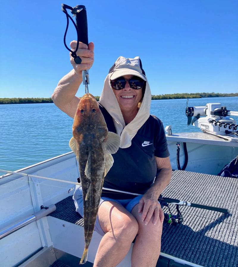Kathy Vidler out-fished Graham yet again, by catching fish such as this lovely 49cm Burrum flathead - photo © Fisho's Tackle World Hervey Bay
