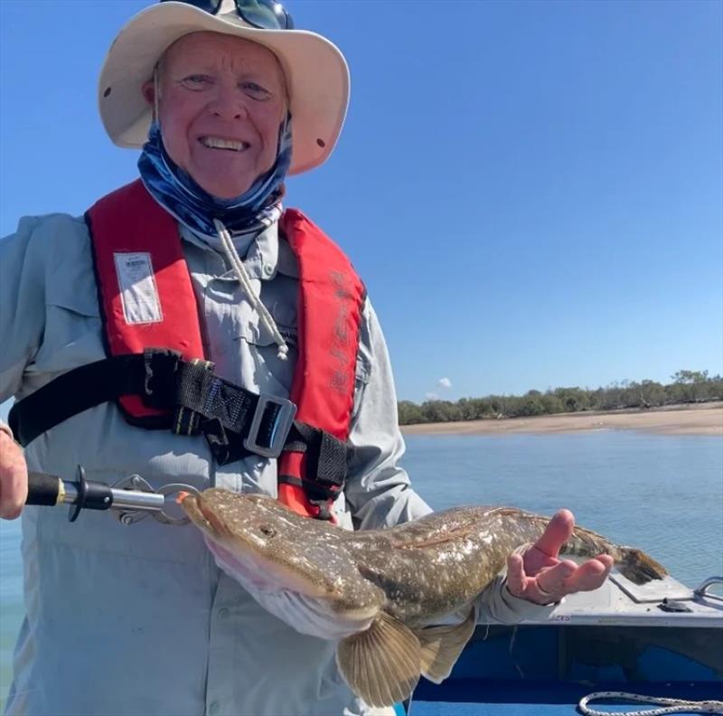 Jacko's advice helped Graydon catch this over-sized 77cm flathead on the new Nomad Switcher Shrimp. Hug pending ... - photo © Fisho's Tackle World Hervey Bay