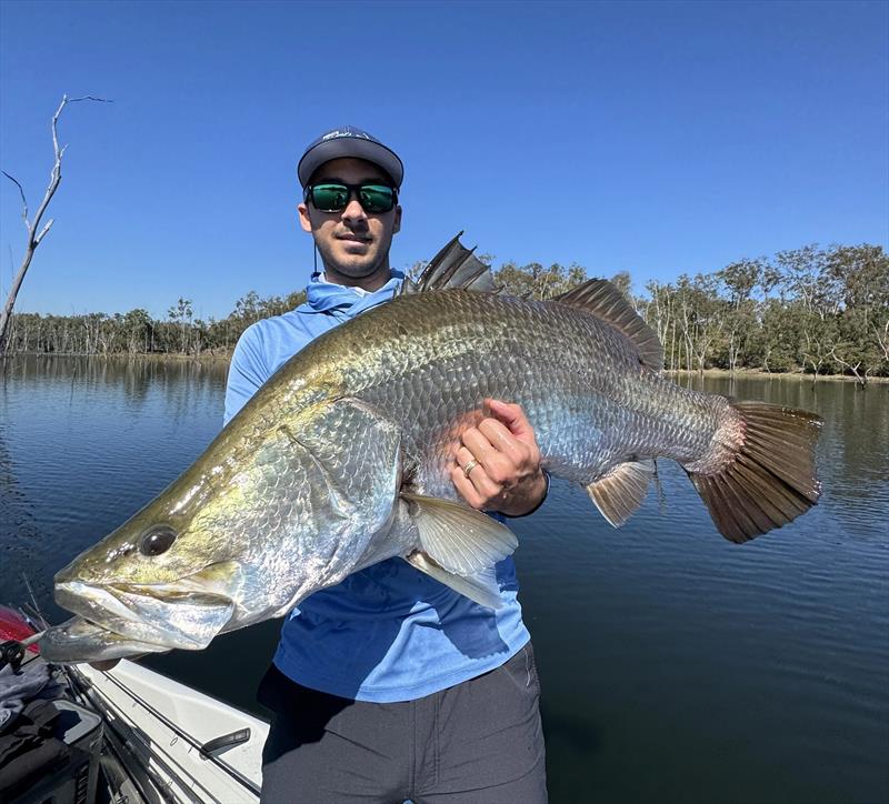 Dane's best Mondy barra last Saturday was this lovely 109. Live scope helped find the active fish and small lures tricked them photo copyright Fisho's Tackle World Hervey Bay  taken at  and featuring the Fishing boat class