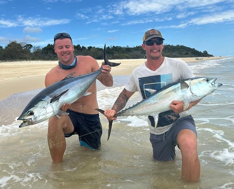 How's this for land-based sports fish from Fraser Island. Kayle and his mate with some ripper longtails - photo © Fisho's Tackle World Hervey Bay