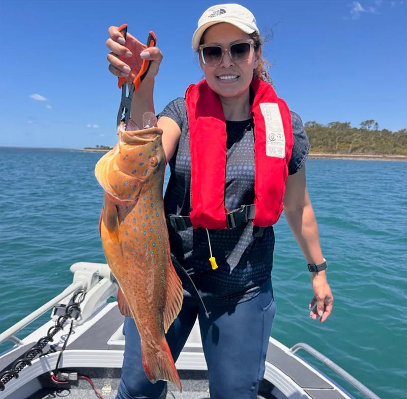 Marion joined Luke for a troll over our shallow reefs and scored this better-than-average coral trout for her efforts - photo © Fisho's Tackle World Hervey Bay