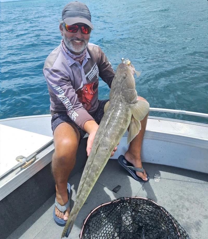 Tony caught this monster flathead jigging a Live Shrimp softie then released it unharmed photo copyright Fisho's Tackle World Hervey Bay taken at  and featuring the Fishing boat class