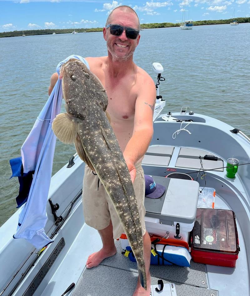 Scott's big Susan River flathead raised a grin. Another monster lizard to add to the season tally photo copyright Fisho's Tackle World Hervey Bay taken at  and featuring the Fishing boat class