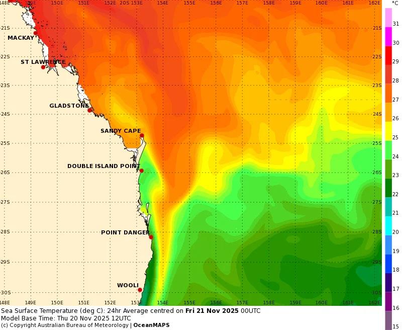 BOM's SST Charts clearly illustrate the big tongue of hot water carrying all the marlin past Fraser Island at this time photo copyright Fisho's Tackle World Hervey Bay taken at  and featuring the Fishing boat class