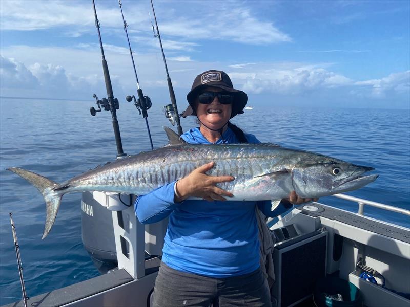 Mrs Reader was stoked to catch this fine spanish mackerel. Expect more to move closer inshore next month - photo © Fisho's Tackle World Hervey Bay 
