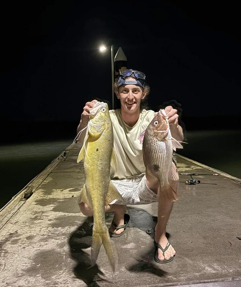 The only time you will see this bloke NOT trolling is when he stops to land his latest trout. Another nice fish for dinner at Luke's place - photo © Fisho's Tackle World Hervey Bay 