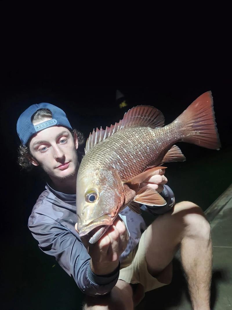 Baedin with his latest pontoon-based capture. Jacks are a tremendous target species for insomniacs photo copyright Fisho's Tackle World Hervey Bay taken at  and featuring the Fishing boat class