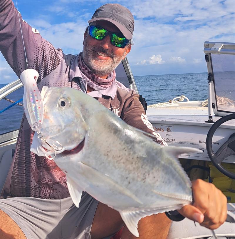 Tony's new year inshore popping session was a ripper; catching 8 GTs like this one, plus a high-flying shark that luckily shed the lure after many jumps photo copyright Fisho's Tackle World Hervey Bay taken at  and featuring the Fishing boat class