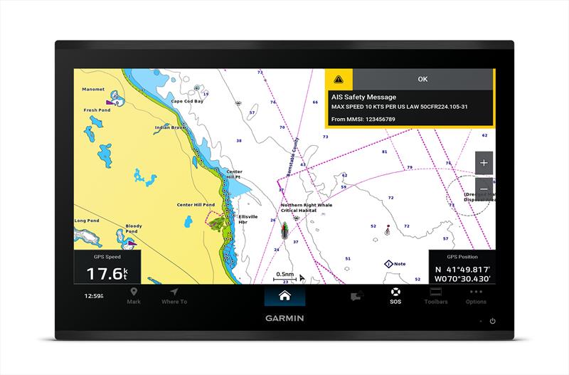 A chartplotter on an AIS-equipped vessel displays a message from the new alert network, reading “Max speed 10 knots per US law 50CFR224.5-105.31.” - photo © Garmin