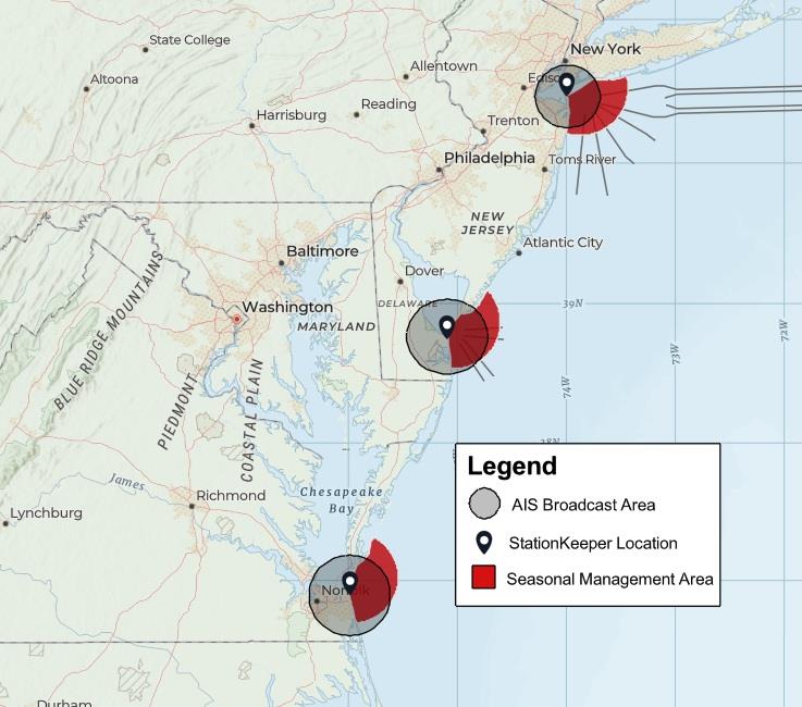 A map displaying Seasonal Management Areas and projected broadcast areas of StationKeepers in the mid-Atlantic. A StationKeeper can receive and transmit messages to vessels within approximately 15 to 20 nms, depending on the height of its location - photo © NOAA Fisheries