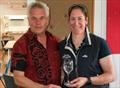 MNSC Helen Selden receiving the 'First Lady Home' trophy from Commodore Peter McCallum - Flying Fifteen Southern Travellers at Middle Nene © David Livingstone