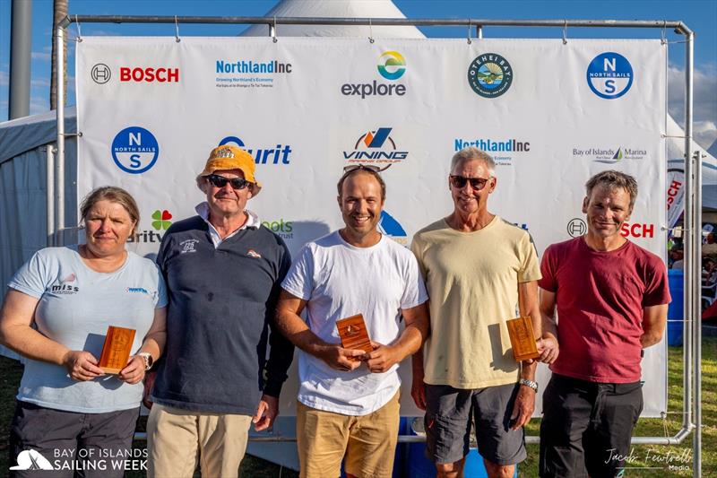 NZL Nationals winners. Left to Right. 3rd Sally Garrett and Neil Easton, 1st Ben Lowe, 2nd Murray Gilbert and Jonathon Burgess  - photo © Jacob Frewtrell / Bay of Island Sailing Week