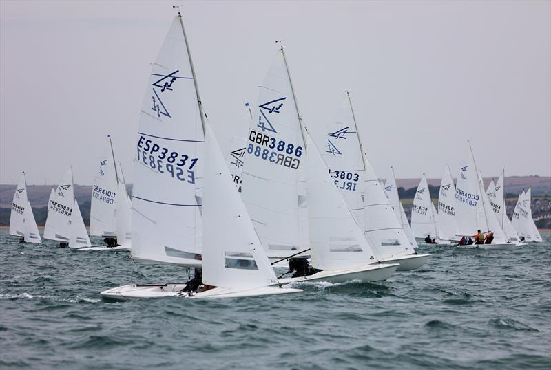 ESP 3831, GBR 38856 & IRL 3803 side by side as the fleet spread out on the first upwind leg during Race 5 on day 3 of the 2025 Flying Fifteen Worlds at the WPNSA - photo © Mark Jardine