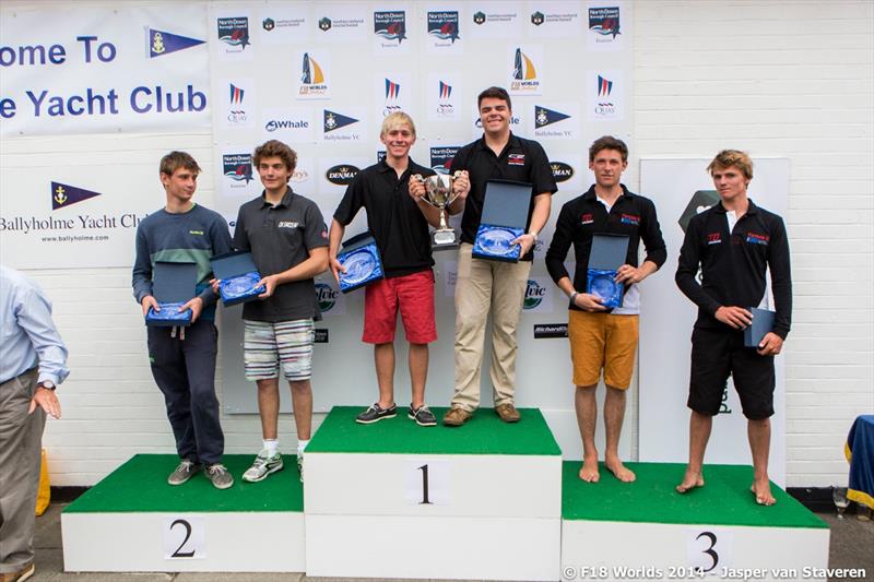 Juinor podium at the F18 Worlds in Bangor photo copyright Jasper van Staveren / www.sailshoot.com taken at Ballyholme Yacht Club and featuring the Formula 18 class