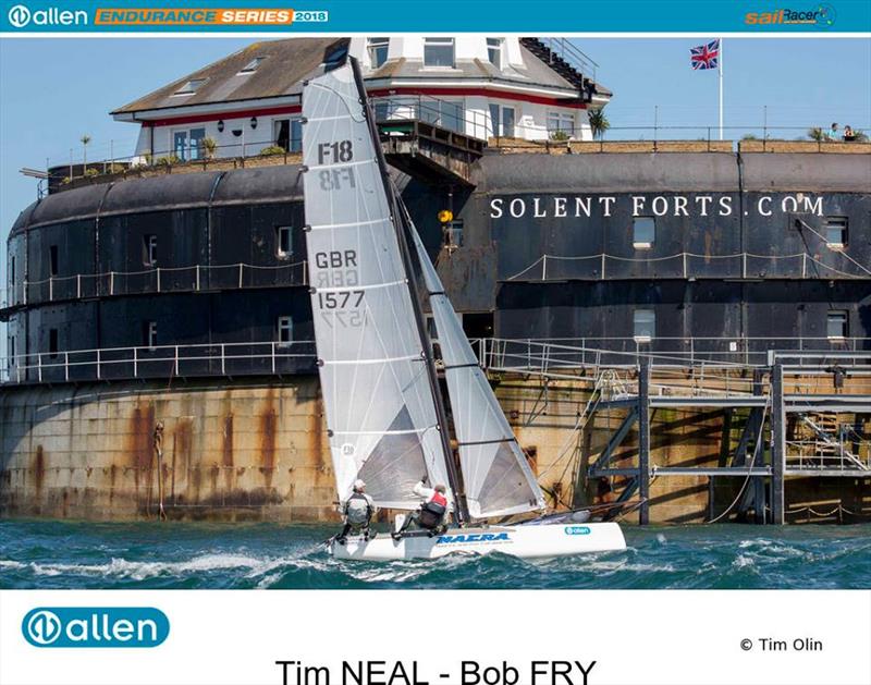 Tim Neal & Bob Fry during the Solent Forts Race - Allen Endurance Series Round 1 photo copyright Tim Olin / www.olinphoto.co.uk taken at Hayling Ferry Sailing Club and featuring the Formula 18 class