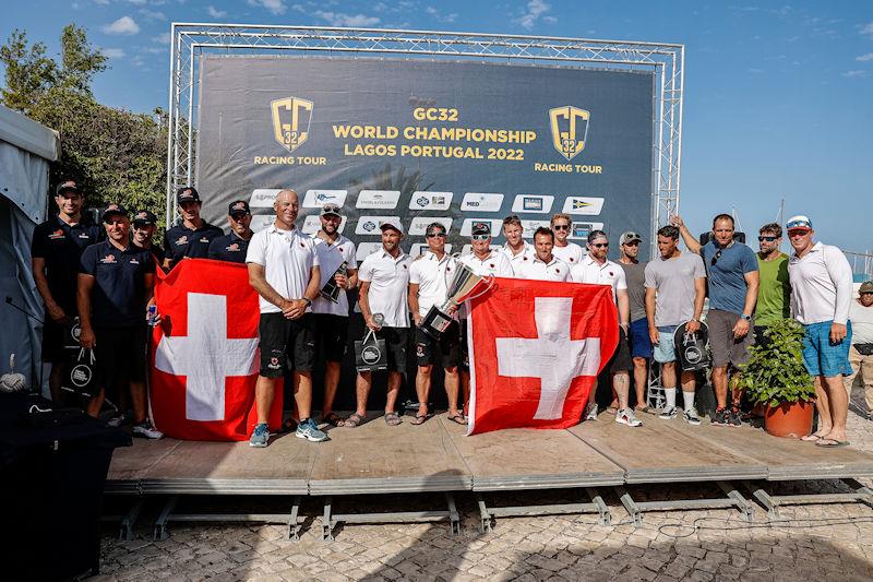 Lagos GC32 Worlds podium - Black Star Sailing Team, K-Challenge Team France and Alinghi Red Bull Racing - photo © Sailing Energy / GC32 Racing Tour