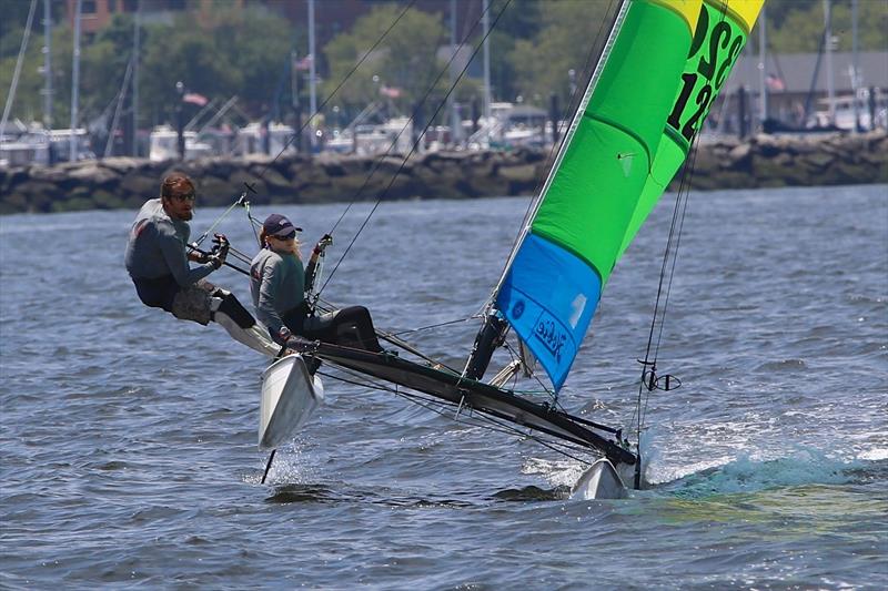 Matthew Raybon and Grace Modderman flying a hull on their Hobie 16 - photo © Greg Raybon