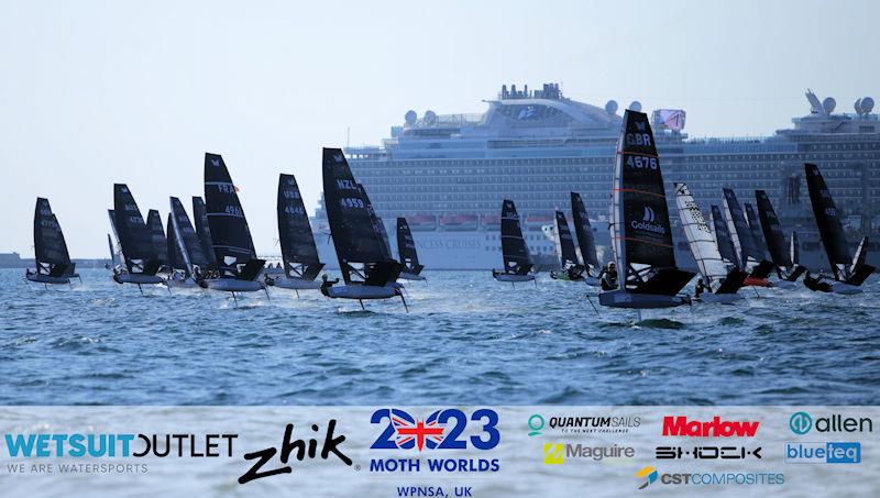 Yellow Fleet Race 1 Start 2 on day 3 of the Wetsuit Outlet and Zhik International Moth World Championship 2023 photo copyright Mark Jardine / IMCAUK taken at Weymouth & Portland Sailing Academy and featuring the International Moth class