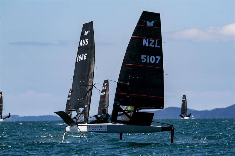 Mattias Coutts (NZL 5107) and Harry Price (AUS 4986) - Day 5 - 2024 PredictWind Moth Worlds - Manly Sailing Club. January 9, 2025 photo copyright Richard Gladwell - Sail-World.com/nz taken at Manly Sailing Club and featuring the International Moth class