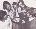 Paul Whiting (second from right) receives the Pacific Half Ton trophy from the sponsor representative. The Newspaper Taxi crew are from left: Earle Williams, Murray Ross, Phil Edgar and Brent Robinson © Auckland Star