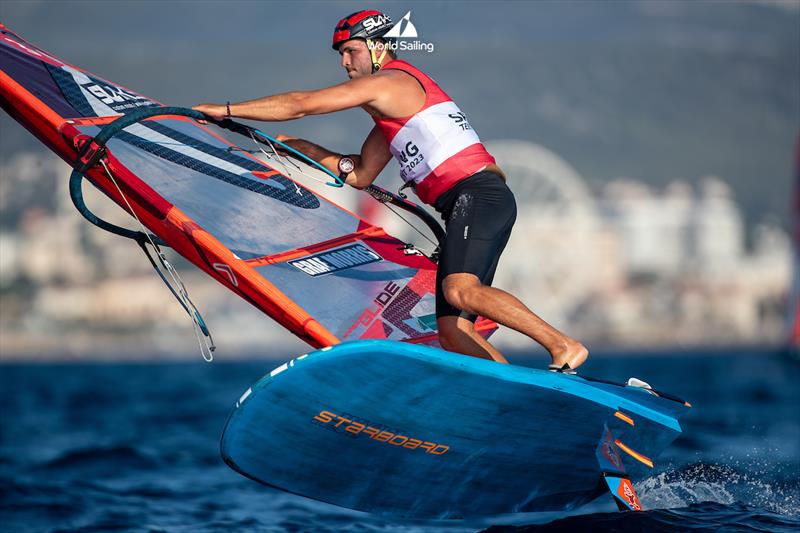 Grae Morris hard at work at the Paris 2024 Olympic Sailing Test Event in Marseille photo copyright Sander van der Borch / World Sailing taken at  and featuring the iQFoil class