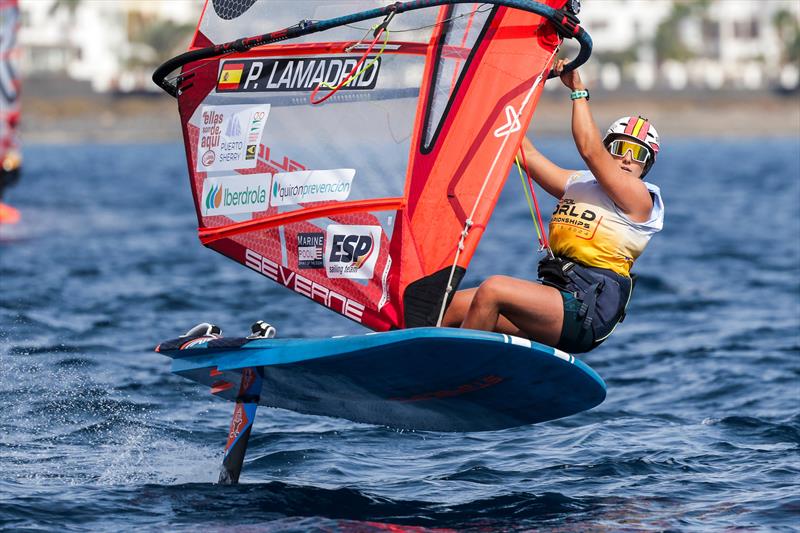 Pilar Lamadrid on day 2 of the iQFOiL World Championships in Lanzarote photo copyright Sailing Energy / Marina Rubicón taken at  and featuring the iQFoil class